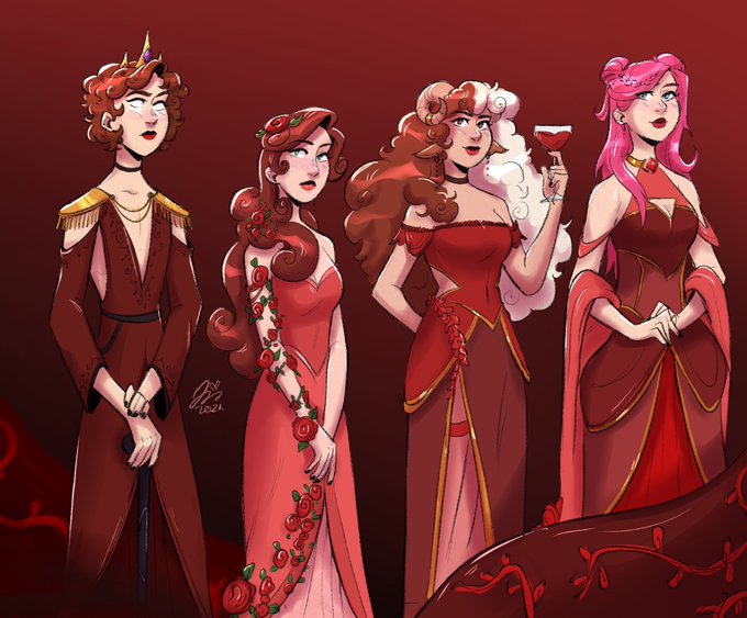 A drawing of Eret, Hannah, Puffy, and Niki in their Red Banquet attire, showing better details on how they would look in the real world. Eret is stylized as a bit more feminine, wearing her outfit with deep cleavage and a tiara instead of a crown. He is also not wearing his sunglasses but does hold a black cane. On Hannah's dress, roses line the edges of her skirt. Puffy's dress has golden trim as well as a red laurel wreath wrapping around her hips and a choker around her neck. She also holds a glass of red wine. Niki wears a sheer red wrap draped around her arms as well as a bold statement necklace made of gold and ruby. A thick red bloodvine covers the bottom right corner of the drawing.